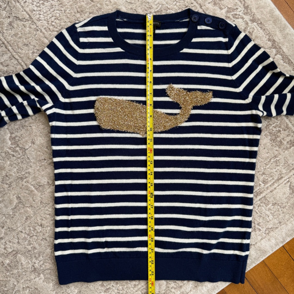 Talbots EUC Striped Metallic Whale Knit Pullover Sweater Navy White Gold M - Picture 7 of 12